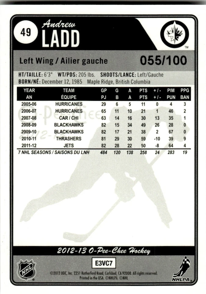 2012-13 O-Pee-Chee Black Rainbow Andrew Ladd /100 Winnipeg Jets #49 - Image 2 of 2