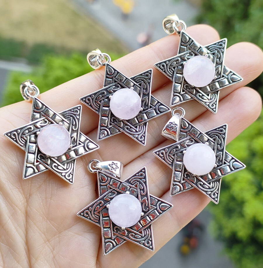 5pcs Rose Quartz Antique Silver Star Pendants Gems Magic Reiki Healing Amulet