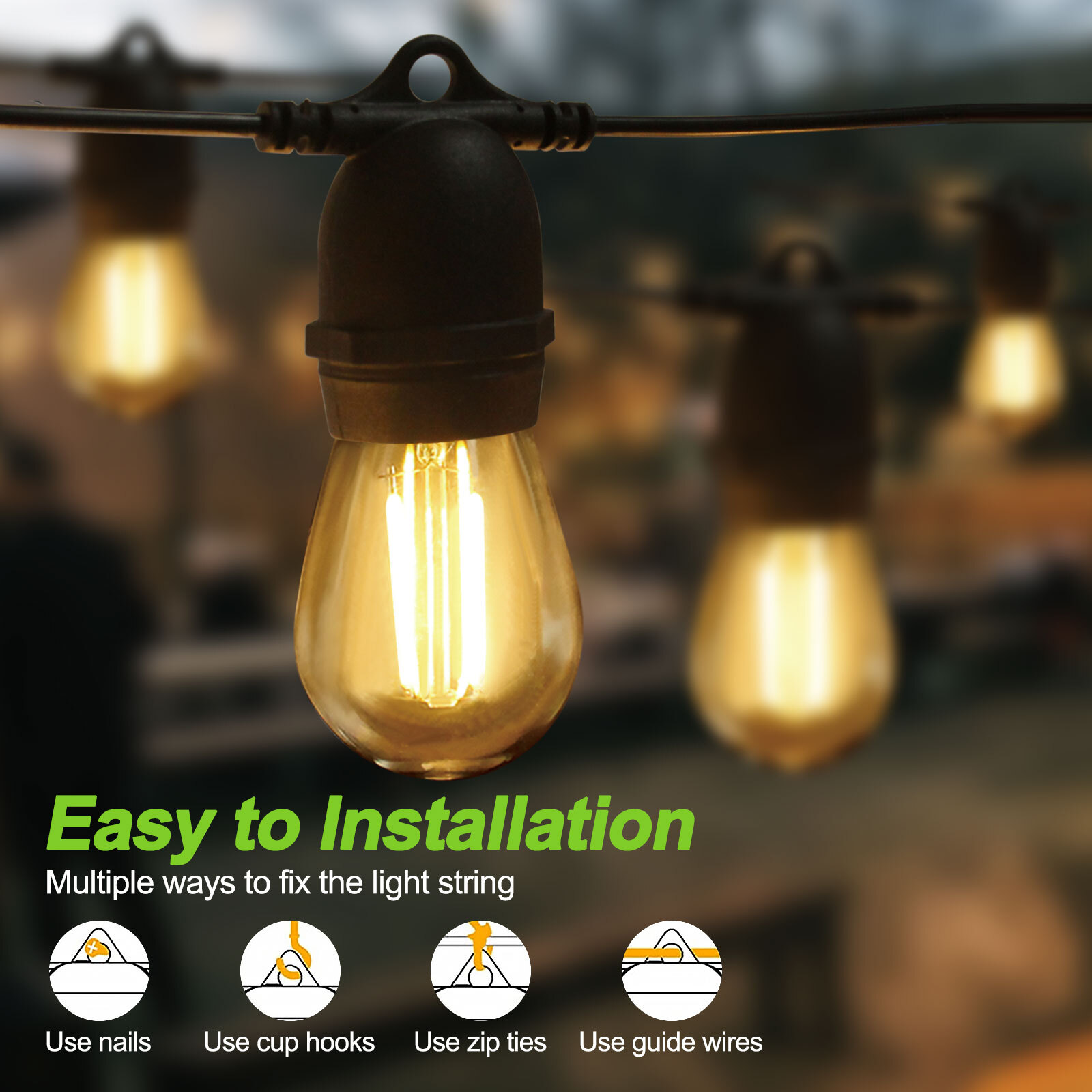 24FT USB Powered Festoon Outdoor String Lights Dimmable S14 Garden