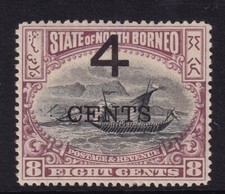 NORTH BORNEO QV SG114, 4c on 8c, Mounted MINT. Cat &pound;17.