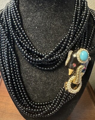 Stunning Vintage Estate Ciner 9 Strand Black Bead Jeweled Elephant Necklace