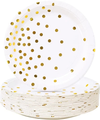 White and Gold Party Supplies, Gold Dot Paper Dessert Plates (50-Count) - Bild 1 von 8