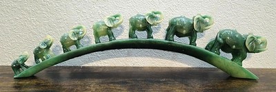 Vintage Elephants Parade on Bridge Green Jade Colored Carved Resin 20'' Figure