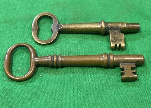 Two (2) Antique Brass Skeleton Key Solid Barrel 1884 Jail Door, Trunk , Cabinet - product listing photo