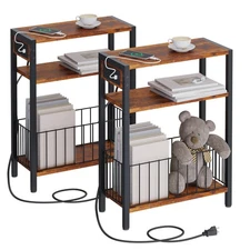 Narrow Side Table with Charging Station Set of 2, Small End Table for Small S...