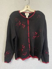 Christopher Banks Sz XL Hand Embroidered Beaded Button Up Cardigan Black Red