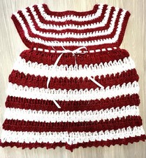Handmade Crochet Baby Dress Red White Striped Sparkling Knit Party Gown 6-9 M