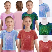 Kids Girls T-shirt Shiny Tee Jazz Top Party Costume Birthday Short Sleeves Rave