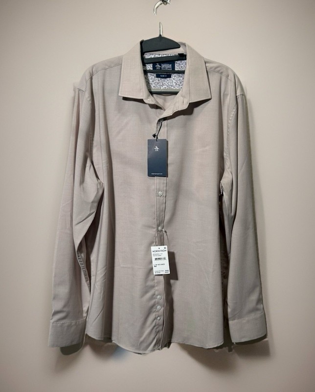 Original Penguin Slim Fit Beige Dress Shirt L 16-16.5 34/35 Easy Care Stretch