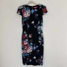 Betsey Johnson Dress Women's 6 Black Pink Blue Floral Sheath Cap Sleeve Stretch