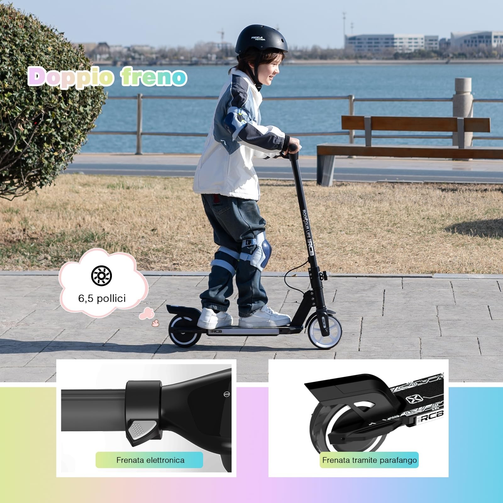 Monopattino Elettrico per Bambini R12 15 km/h Luci LED Pieghevole Nero foto 6