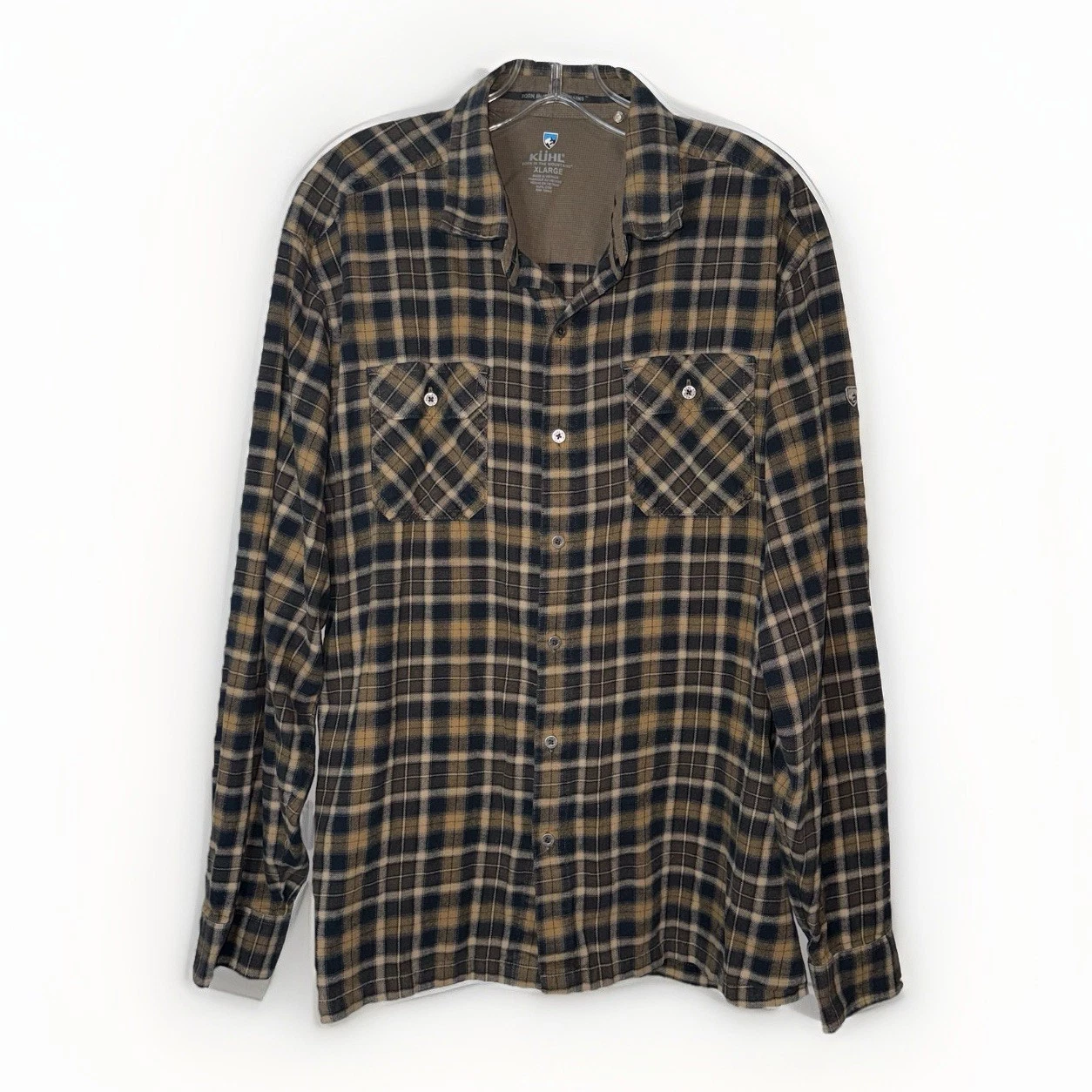 Kuhl Dillingr Flannel Shirt XL Mens Brown 7186 Cotton Tencel Long Sleeve Hiking