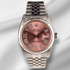 Rolex 36mm Datejust Steel Fluted Peach Roman Diamond Dial Watch