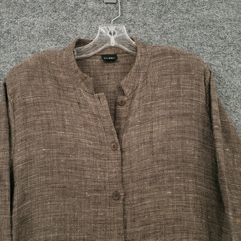 Camisa Eileen Fisher feminina XL marrom manga 3/4 túnica mistura de linho colarinho mandarim - Imagem 3 de 4