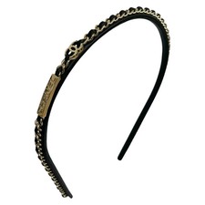 Chanel Headband Black Coco Mark Leather Logo Gold-tone Chain Hair Accessories