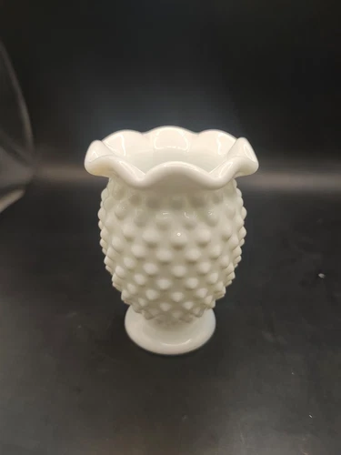 Vintage Fenton Hobnail White Milk Glass 8  Point Crimped Cupped Miniature Vase