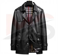 Men’s Black Genuine Leather Coat Jacket Long Trench Overcoat Retro Biker Style