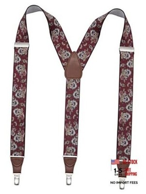 Men s Y-shape 1.4 Inch Suspender -3 Metal Clips, Elastic Straps Burgundy Paisley