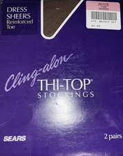 2 Pr Vntg Sandstone Cling-Alon Thi-Top Stockings Shapely Reinforced Toe - Petite