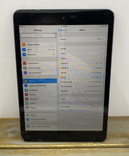Apple iPad Mini A1432 Gray 16GB Wi-Fi Only iOS Tablet Dark Grey Cracked Screen - Afbeelding 1 van 7
