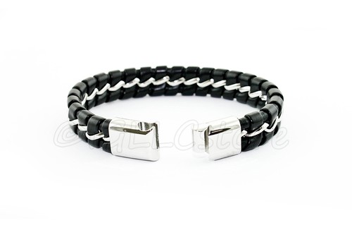 Men's Bracelet Leather Stainless Steel Cuff Bangle Black Fashion - Picture 7 of 11