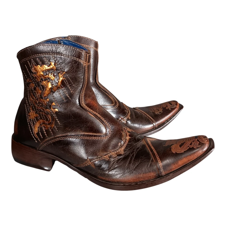 Mark Nason Boots 8.5 Mens Brown Traxx Dragon Leather Biker Ankle Snip Toe Zip - Image 4 of 4