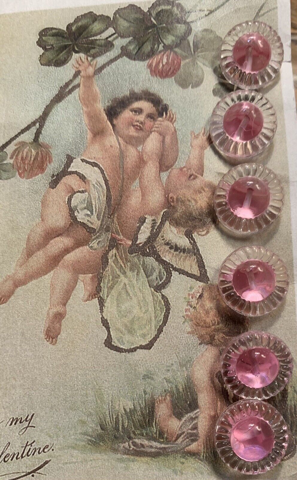 Set of 6 Vintage 1/2" Pink Eye Rim Crystal Glass Buttons~1920's~old stock