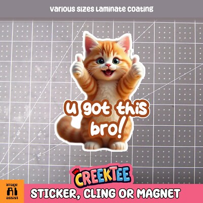 U Got This Bro Funny Cute Cat Vinyl Bumper Sticker, Cling or Magnet