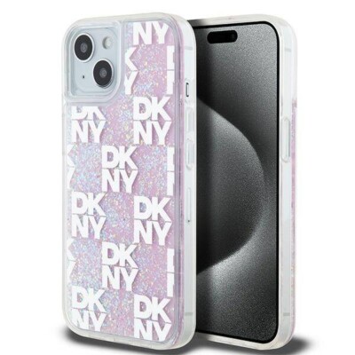 Original DKNY Pink Liquid Glitter Karomuster Logo Case Hülle für iPhone 15