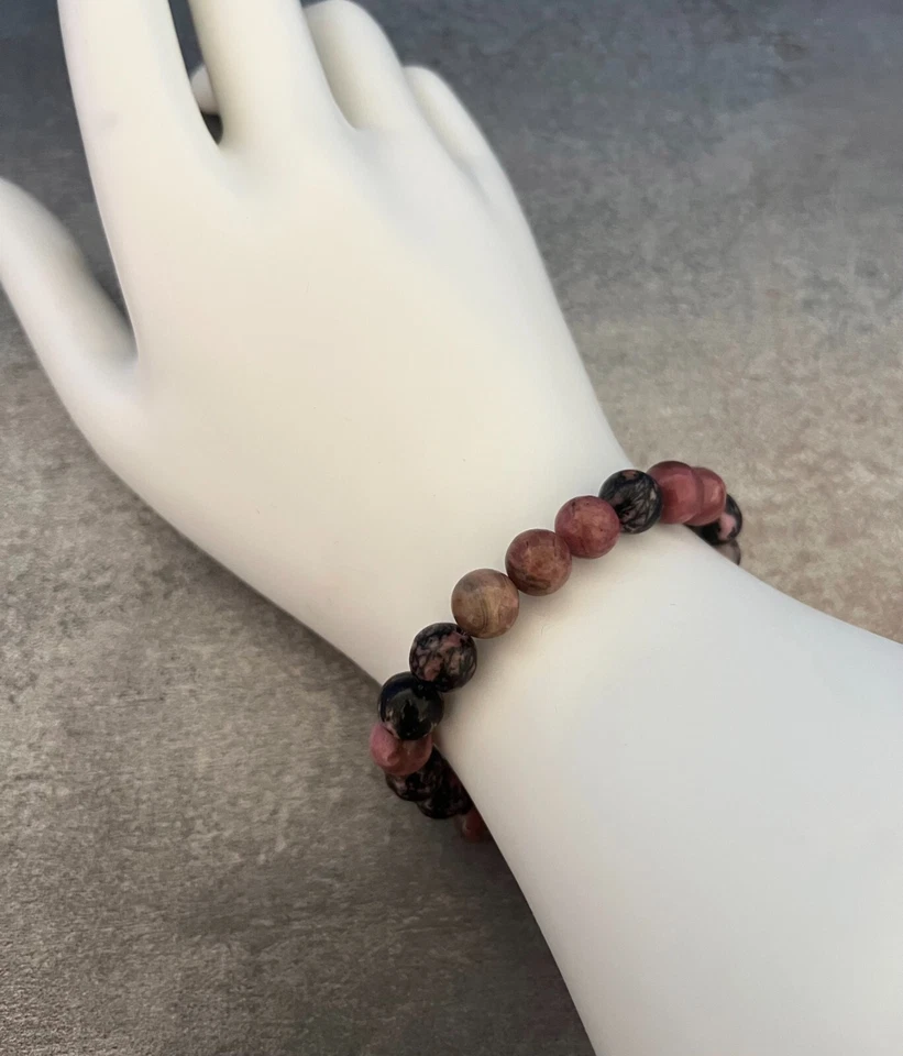 Pulsera de rodonita ajuste elástico hecha a mano + bolsa de regalo y tarjeta piedras preciosas de cristal 8 mm Foto 2 de 2