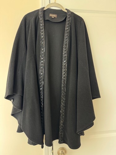 Patti Labelle Black Wool Beaded Pancho Jacket - OSFA