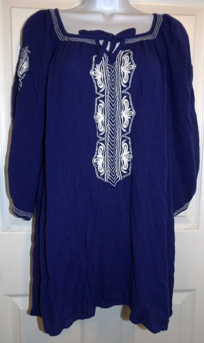 Cute Blue CATHERINES 3/4 Sleeve Blouse w/White Embroidery - 2X