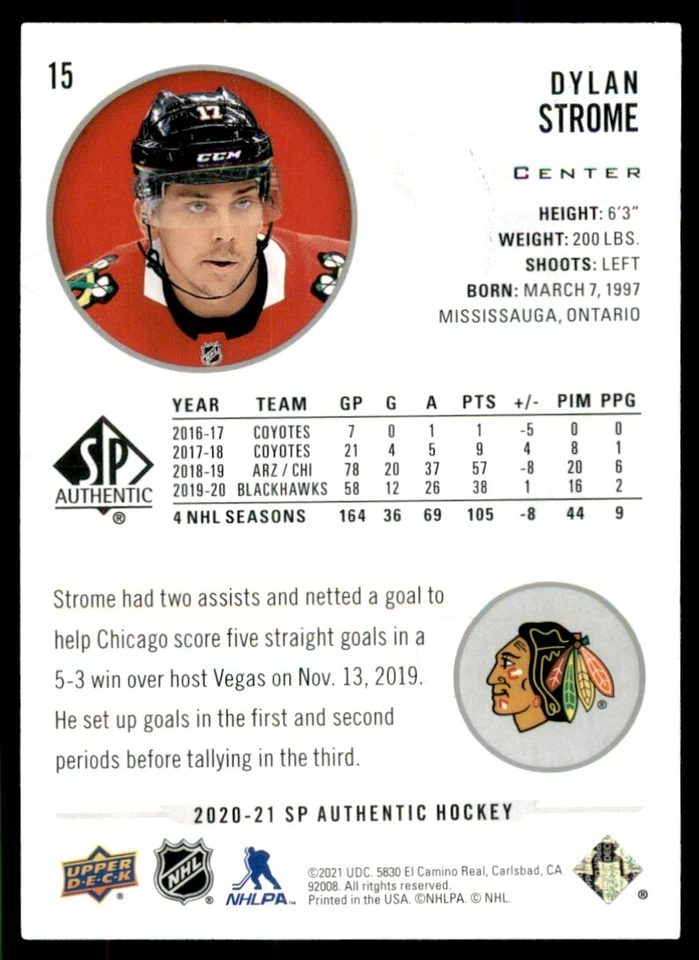 2020-21 SP Authentic Dylan Strome #15 - Image 2 of 2