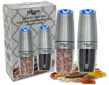 Gravity Electric Salt & Pepper Grinder Set Battery Powered LED Light Silver 2psc