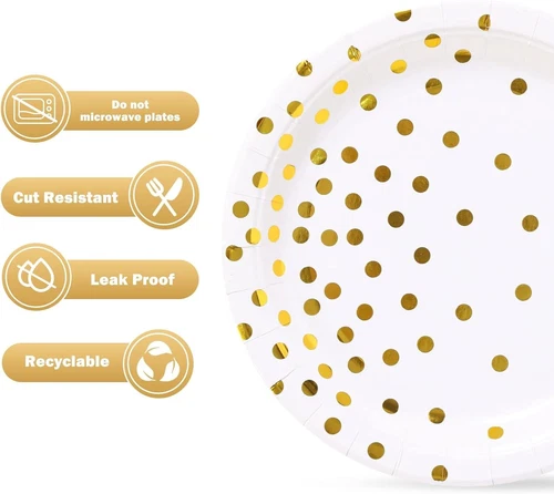 White and Gold Party Supplies, Gold Dot Paper Dessert Plates (50-Count) - Bild 2 von 8