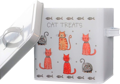 Cat Treats White & Grey Storage Tin Kitchen Biscuit Food Pantry Container 4 ltrs - Picture 2 of 2