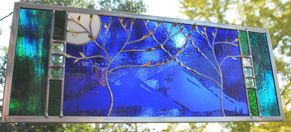Stained Glass Window Panel two trees beveled blue mountain - Image 2 of 4