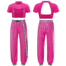 Girls Hip Hop Dance Outfits Sequins Crop Top and Sparkly Jogger Pants with Belt