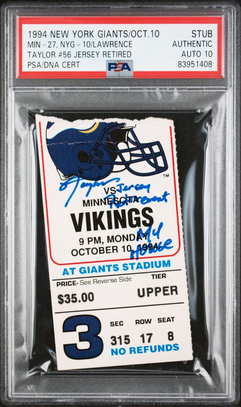 Lawrence Taylor Autographed Signed 1994 Ticket Jersey Retirement My House inscription PSA 10 
