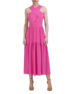 BCBGMAXAZRIA Fit & Flare Maxi Dress Women's 10 Pink Crossover Halter Neck  NWT | eBay