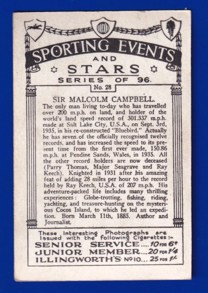MALCOLM CAMPBELL 1935 J A PATTREIOUX Sporting Events & Stars #28 MOTOR RACING VE - Image 2 of 2