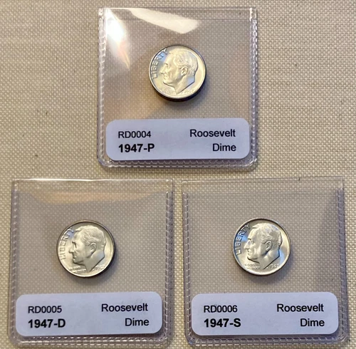 1947 P D S Roosevelt Dime Set (3 Coins) - Excellent BU Condition for all Dimes