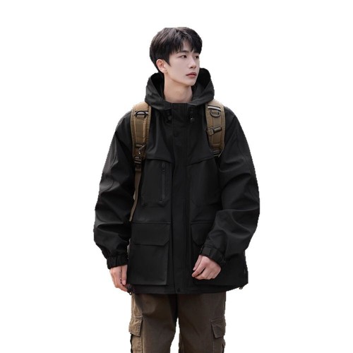 Spring Hooded Jacket Men Outdoor Wind Workwear Multi Pocket Jacket Casual Jacket - Picture 5 of 29