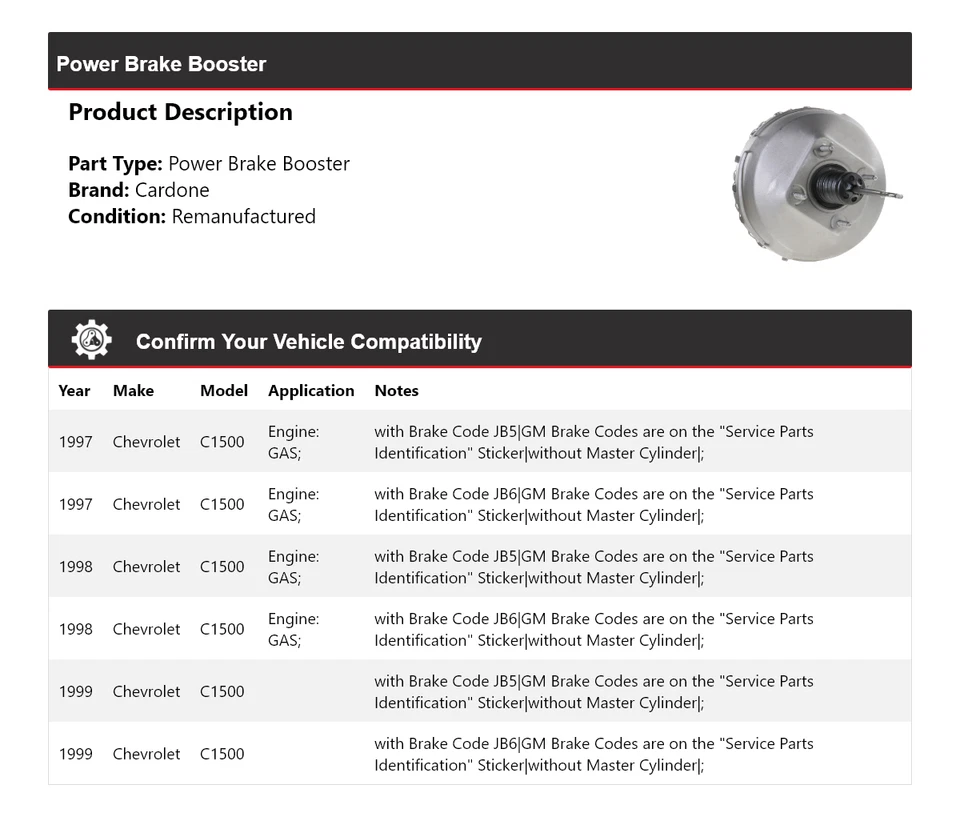 For 1997-1999 Chevrolet C1500 Power Brake Booster Cardone 1998 - Image 2 of 4