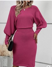 Allegra K Women's Pink Long Sleeve Sheath Midi Sweater Dress