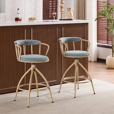 Swivel Counter Height Bar Stools Set of 2 Upholstered Barstools with Back Blue