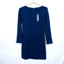 Ann Taylor LOFT Dress Size XXS Petite Deep Blue Round Neck Zip Long Sleeve Midi