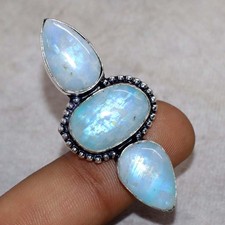 Long Rainbow Moonstone 925 Silver Plated Ring US 9 Ethnic Gift Fashion Sale JW