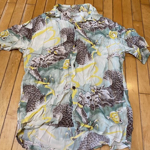Sun Surf Aloha Shirt XL Light Green Dragon Print Japanese Style Toyo Hawaii Rare