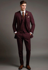 Men's Burgundy 3 Piece Notch Lapel Tweed Party Prom Groom Tuxedo Wedding Suit